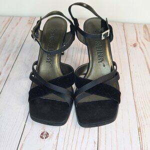 Sam & Libby Marla Black Satin Strappy Heels Women’s Size 6.5